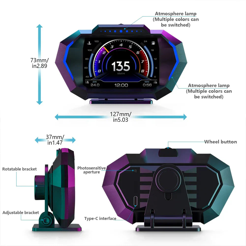 AD Digital Car HUD GPS OBD2 Head Up Display with Slope Meter Black